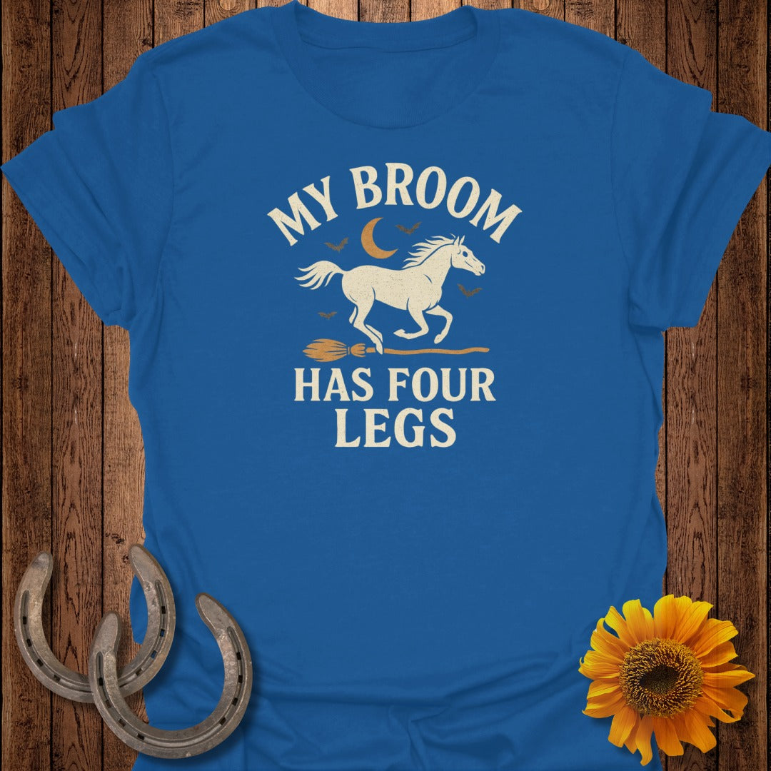 Blue t-shirt with "My broom has four legs" and a horse graphic.