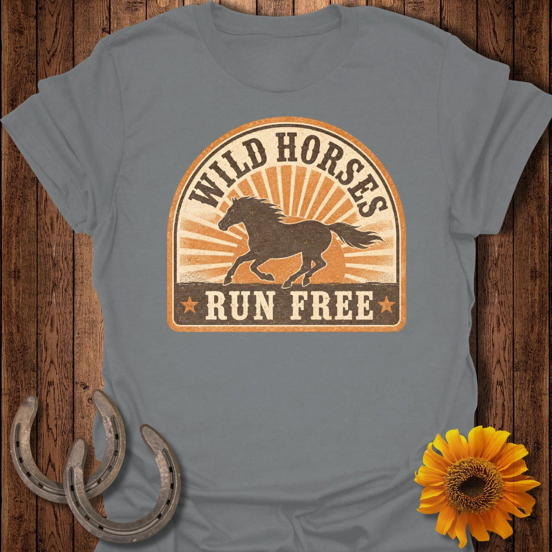 Gray t-shirt with graphic of running horse and text "WILD HORSES RUN FREE".