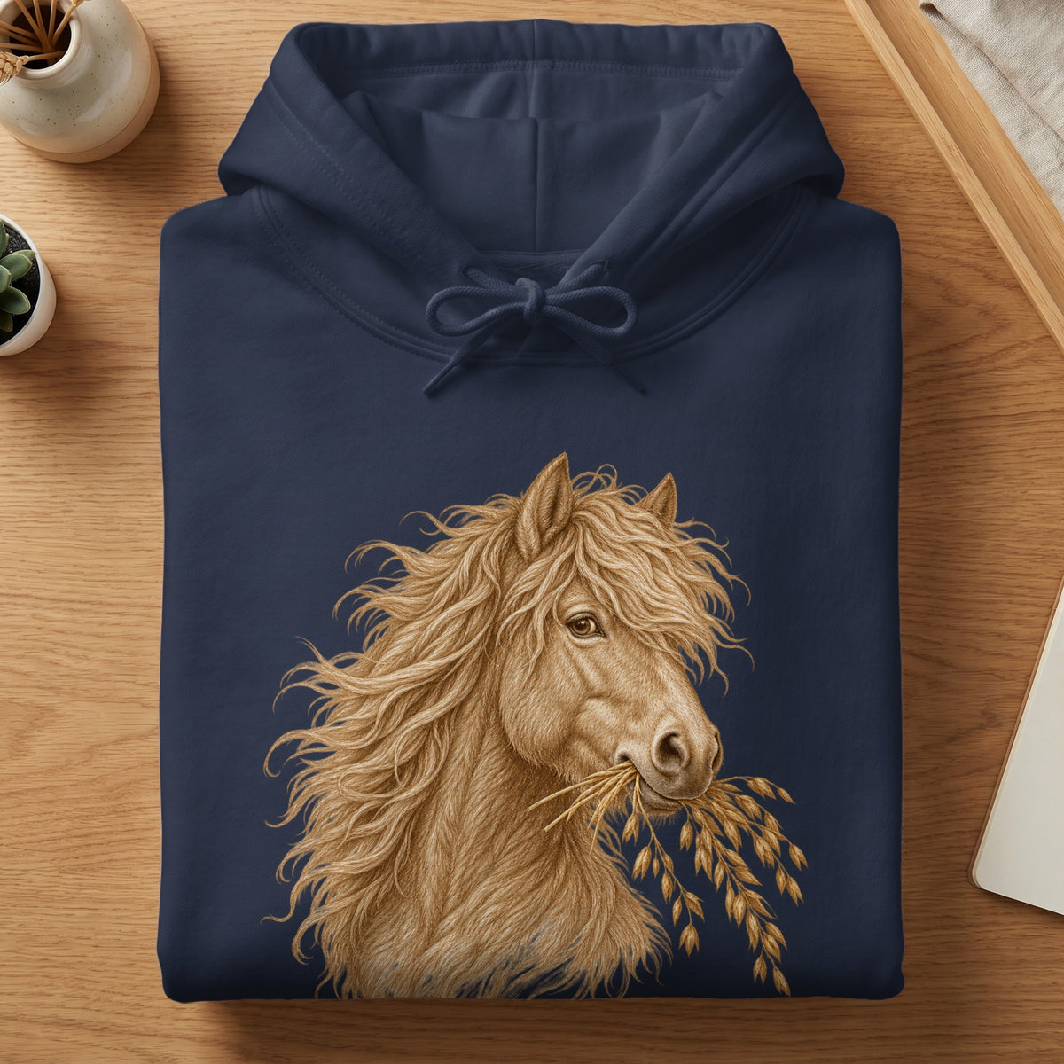 Navy hoodie with a detailed illustration of a horse eating wheat.