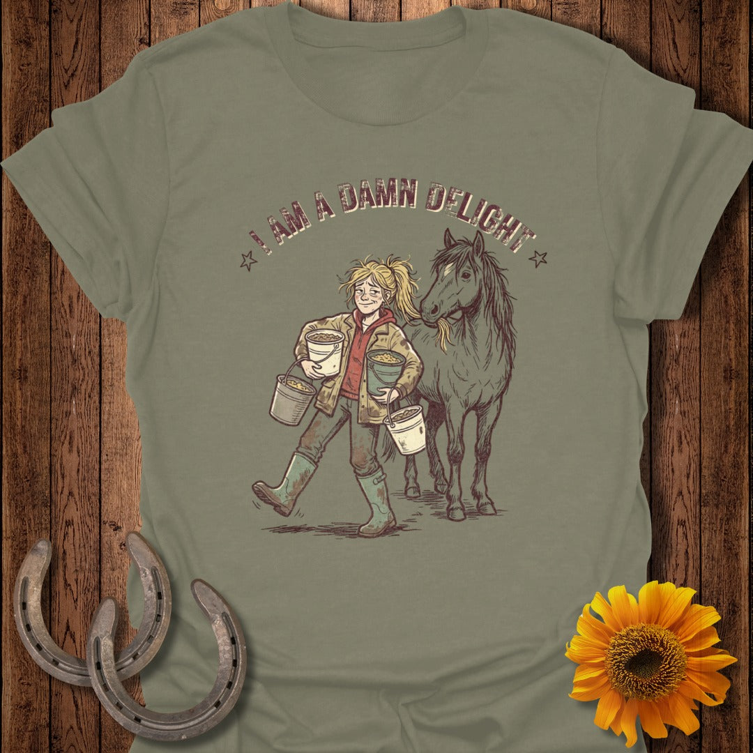 Horse and person carrying buckets with text "I AM A DAMN DELIGHT".