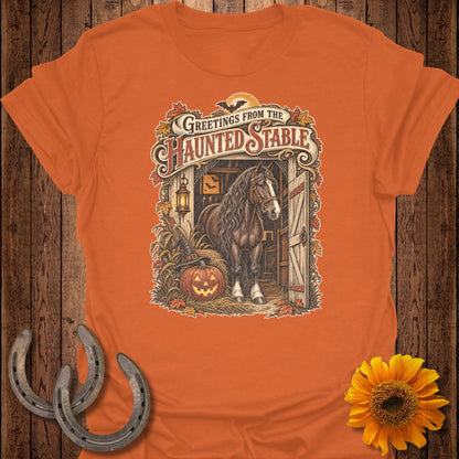 Horse in stable with Halloween pumpkin, hat, and text "Greetings from the Haunted Stable".