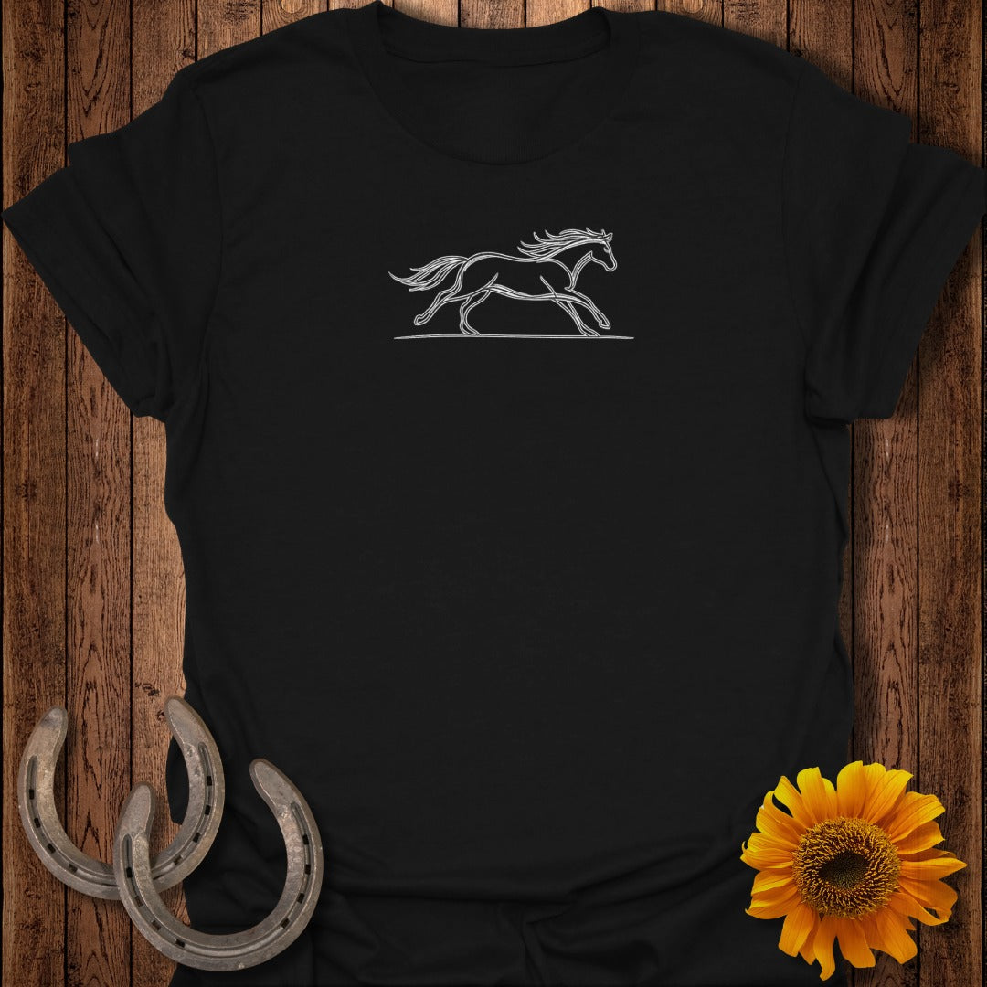 Black t-shirt with a white outline drawing of a horse running.