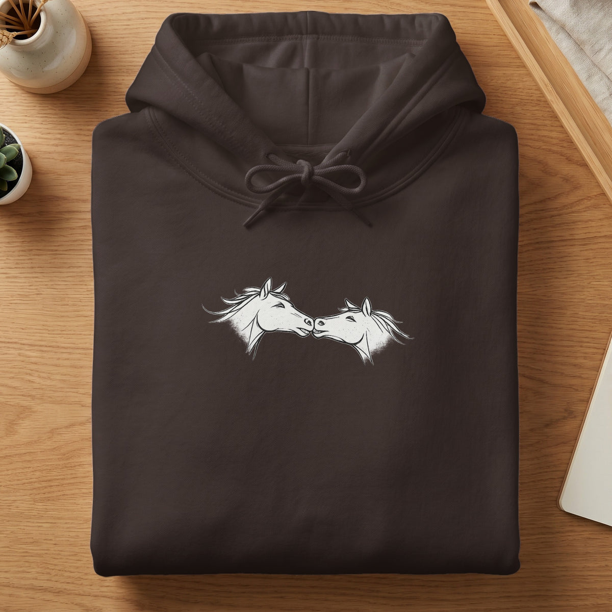 Dark brown hoodie with white outline drawing of two horses nuzzling.