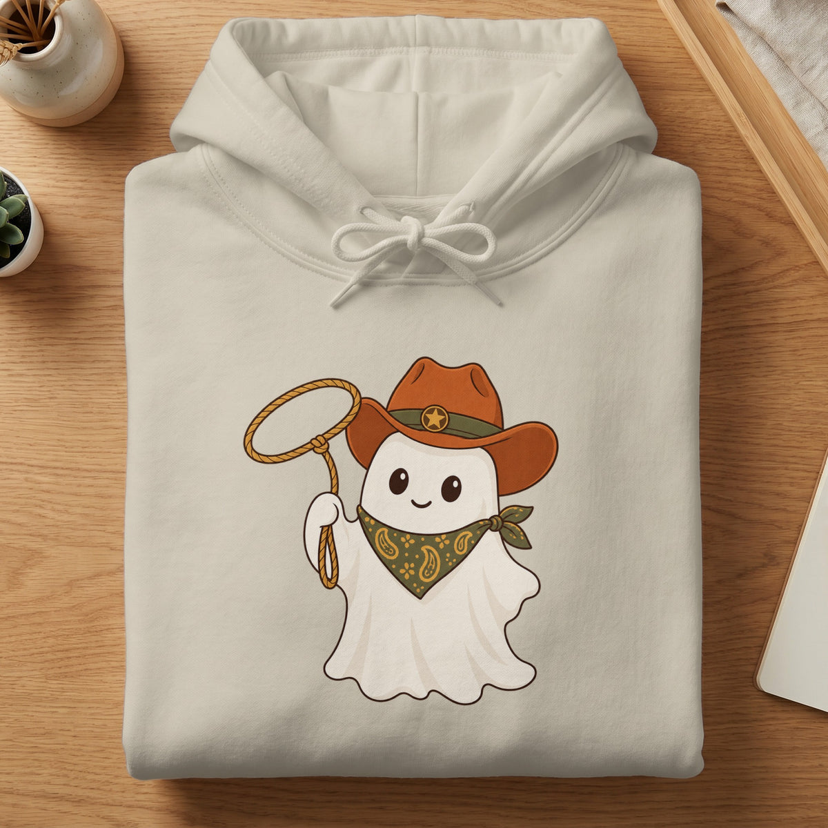 Cream hoodie with a ghost wearing a cowboy hat and holding a lasso.