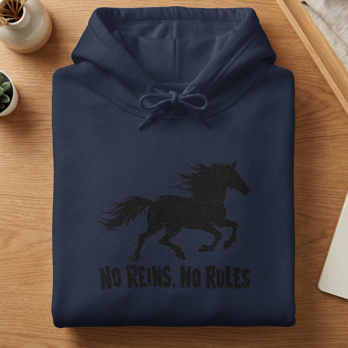 Navy blue hoodie with black distressed horse graphic and text "No Reins, No Rules".