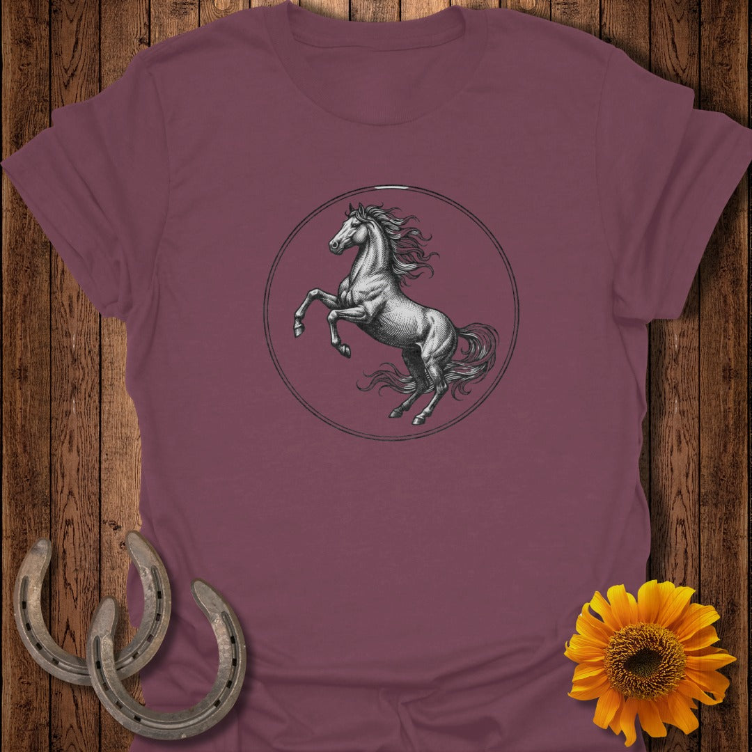 Burgundy t-shirt with a rearing horse illustration within a circular frame.