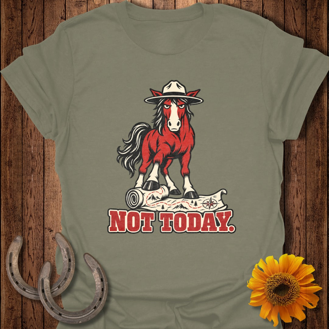 Red horse wearing a cowboy hat stands on a map with "NOT TODAY" text.