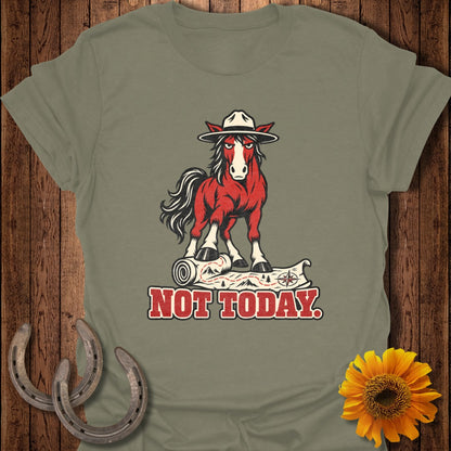 Red horse wearing a cowboy hat stands on a map with "NOT TODAY" text.