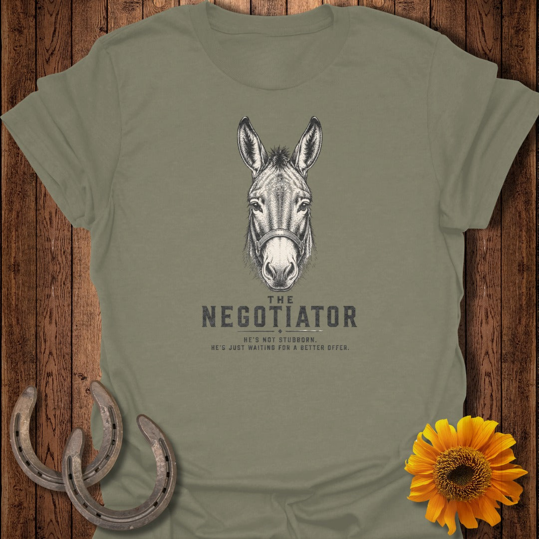 T-shirt with a donkey head graphic and text "The Negotiator".