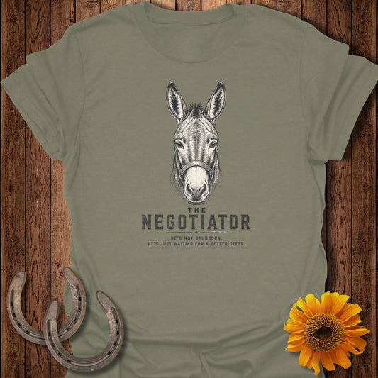 T-shirt with a donkey head graphic and text "The Negotiator".