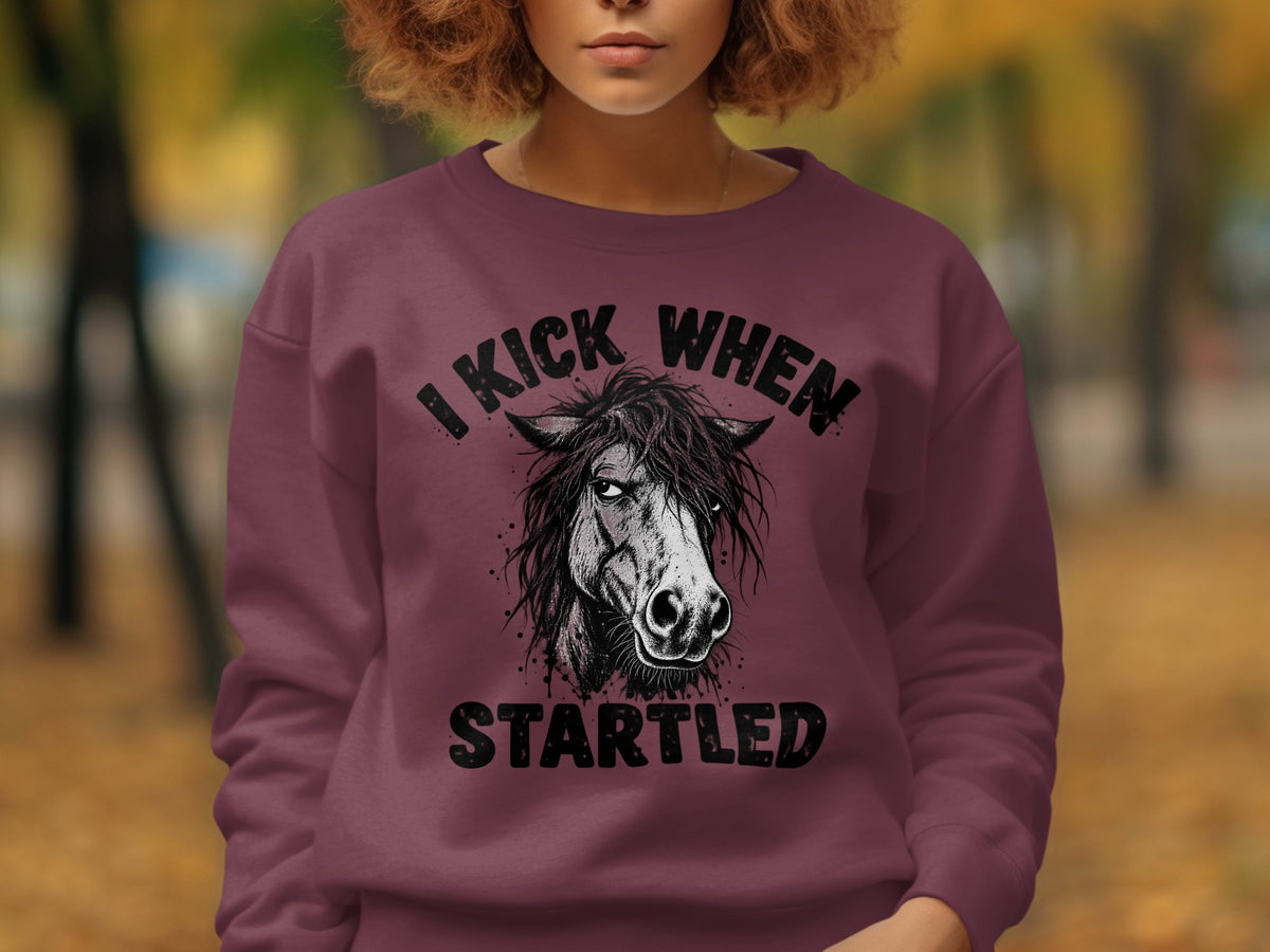 Burgundy sweatshirt with a graphic of a horse and the text "I KICK WHEN STARTLED".