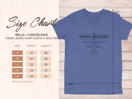 Bella + Canvas 3005 unisex v-neck tee size chart with width and length measurements.