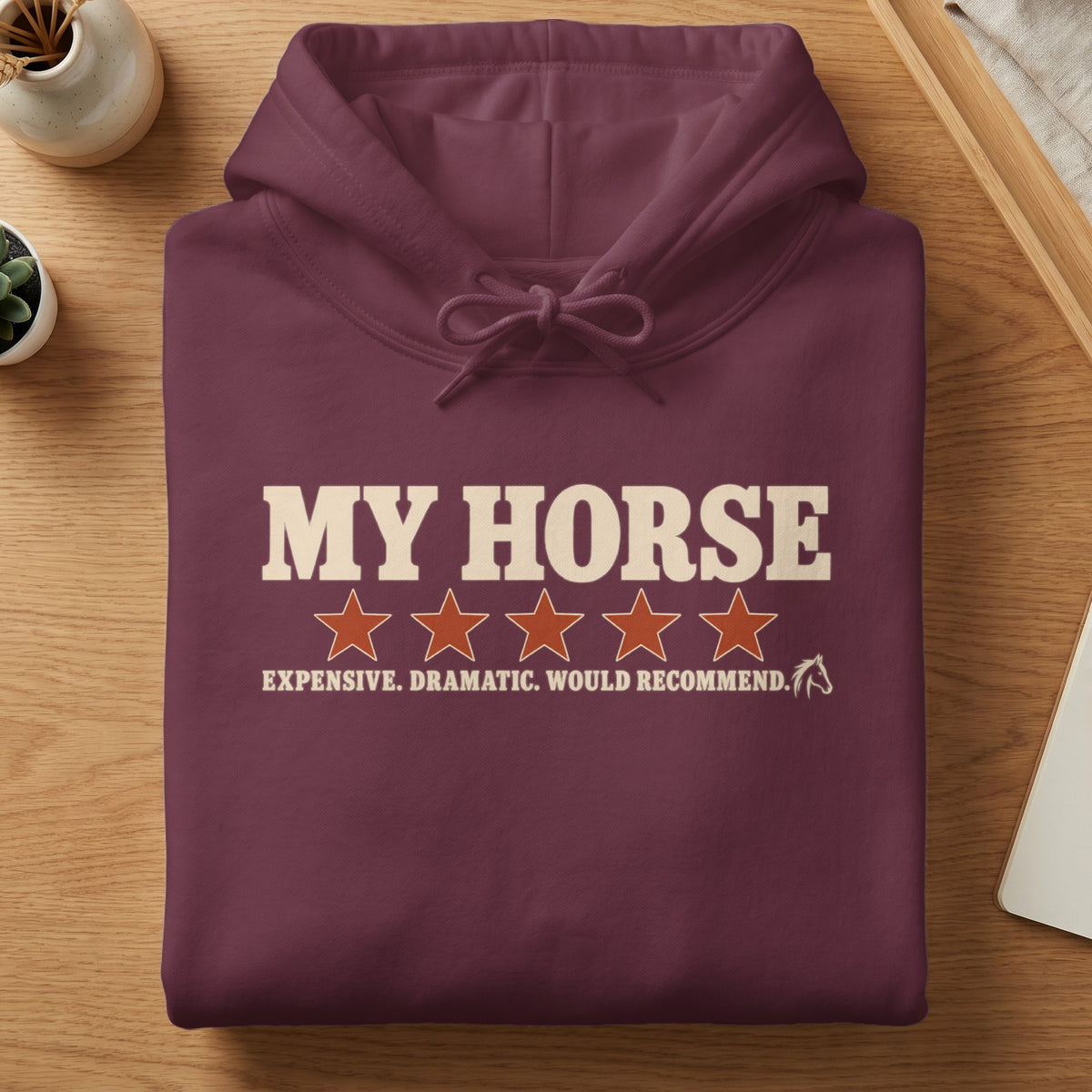 Burgundy hoodie with "MY HORSE" and review text.