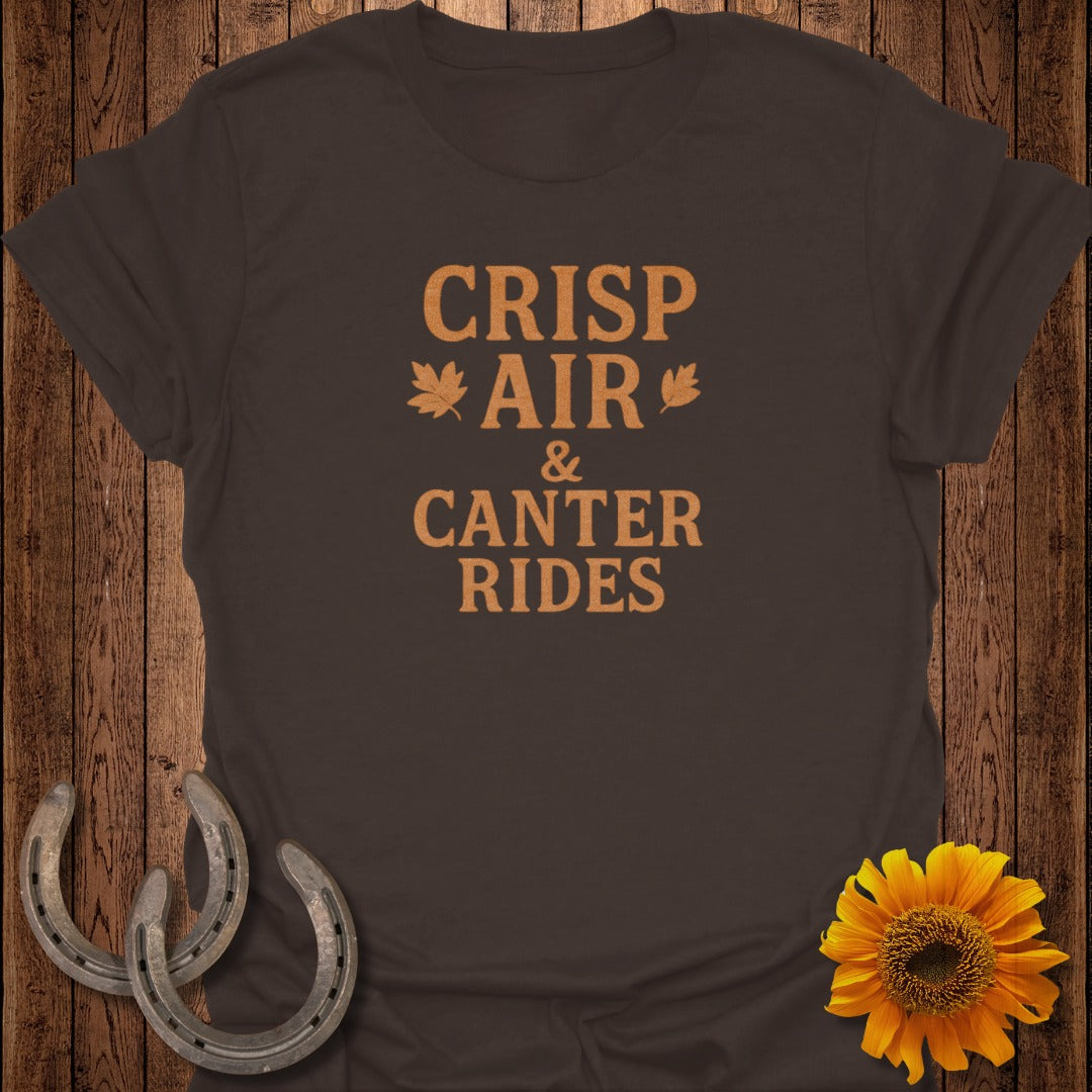 Brown t-shirt with text "CRISP AIR & CANTER RIDES" and autumn leaves.