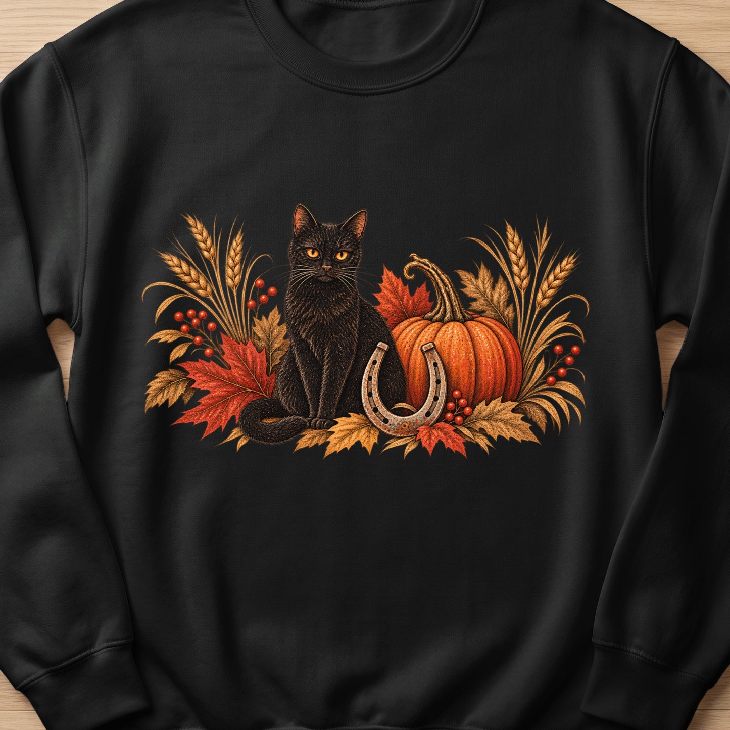 Black cat with pumpkin, horseshoe, and autumn leaves graphic on a black sweatshirt.