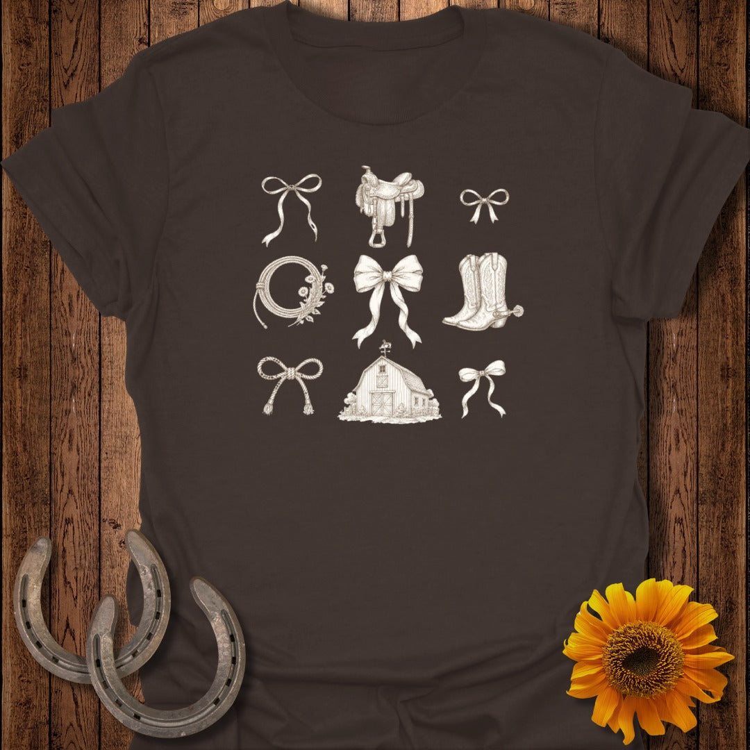 Brown t-shirt featuring a collection of sketched western motifs: bows, a saddle, a barn, and horseshoes.