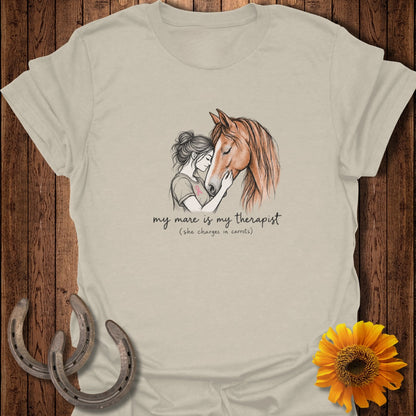 Illustration of a woman embracing a horse with text "my mare is my therapist"