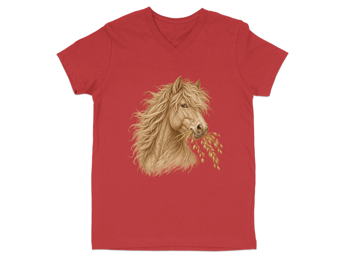 Red v-neck t-shirt with a detailed drawing of a horse eating oats.