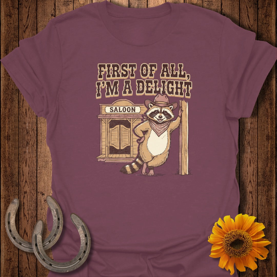 T-shirt with raccoon in cowboy hat leaning against a saloon.
