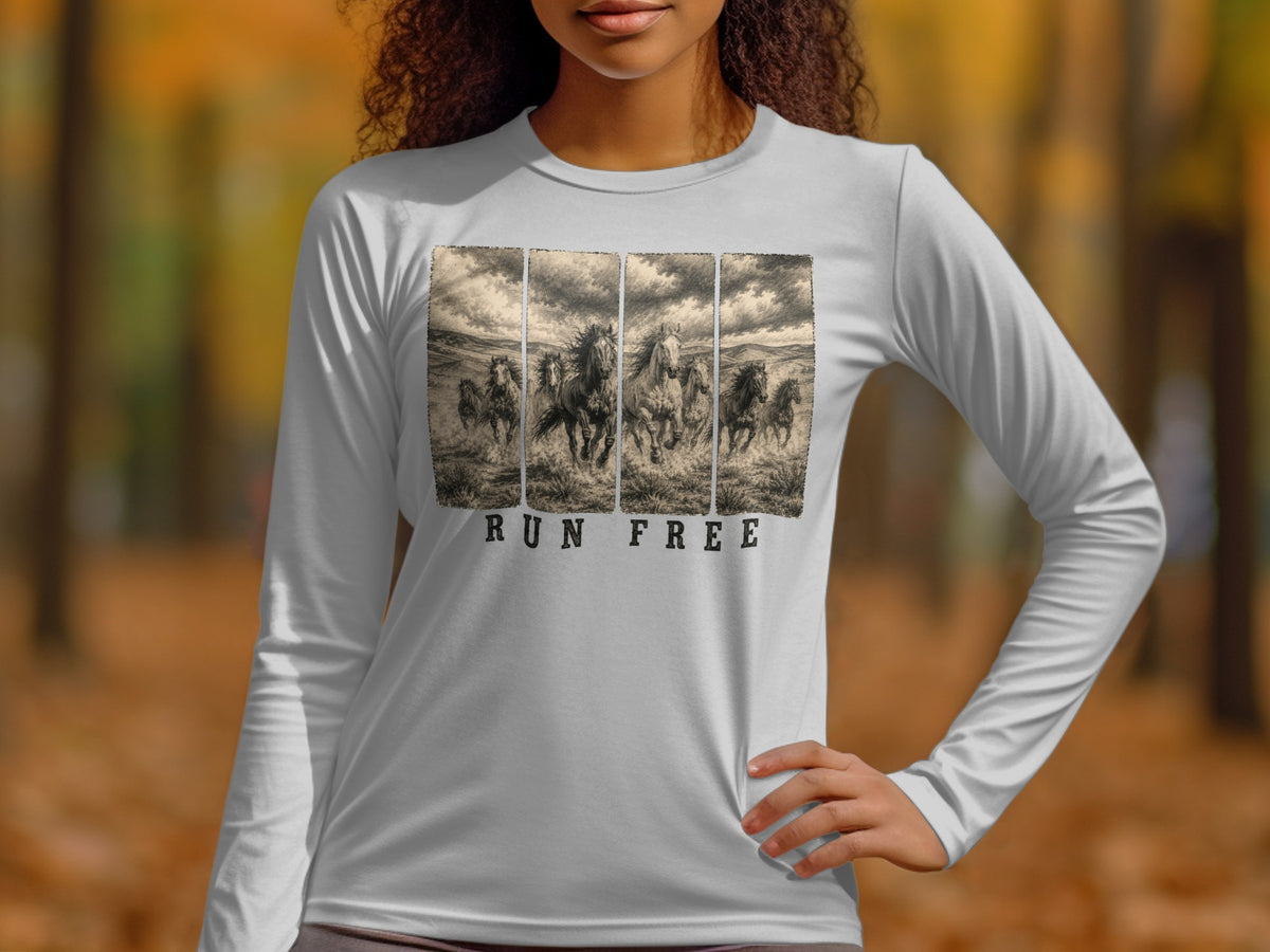 Long sleeve shirt with vintage-style print of running horses and the text "RUN FREE".
