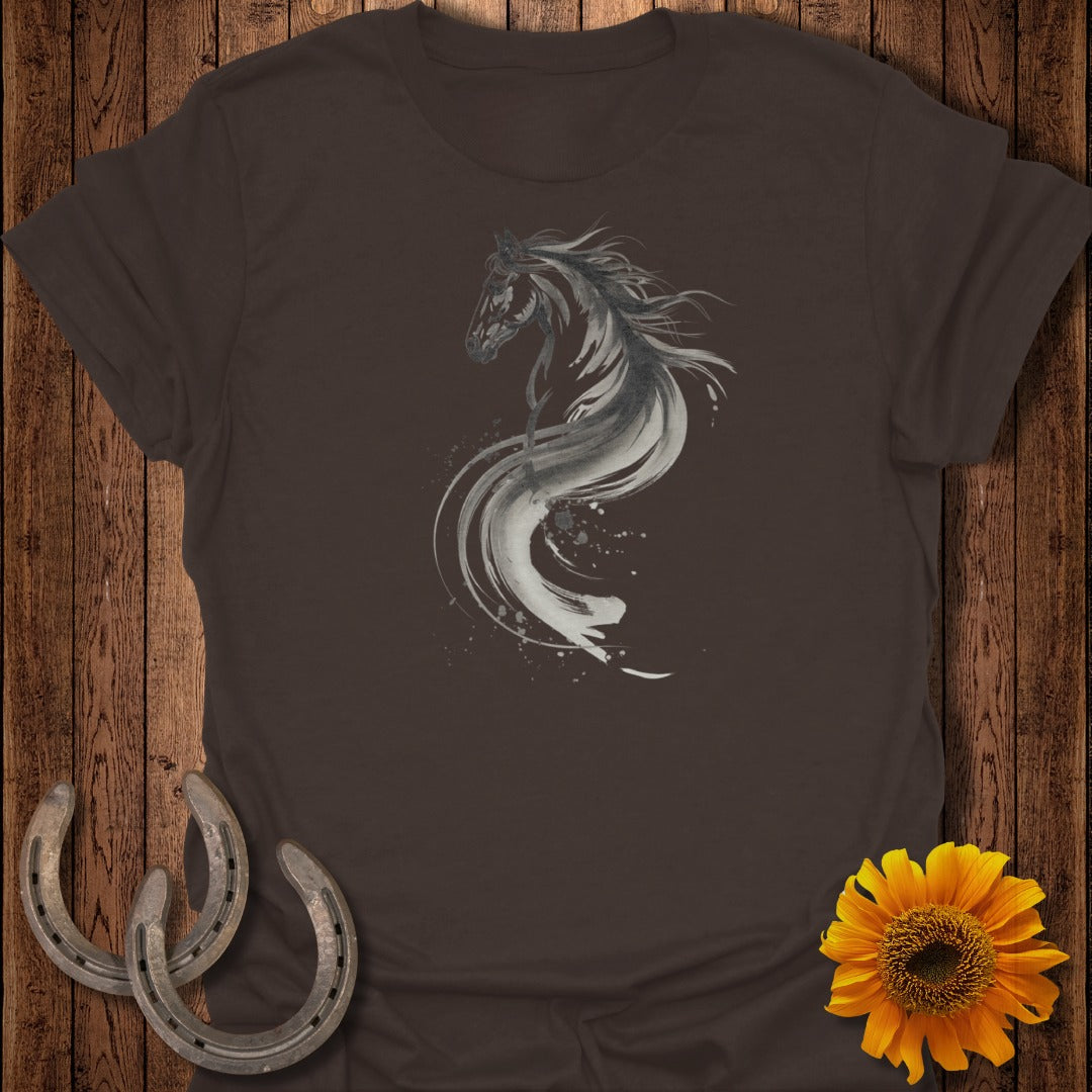 Dark brown t-shirt with abstract black and white horse design and horseshoes.