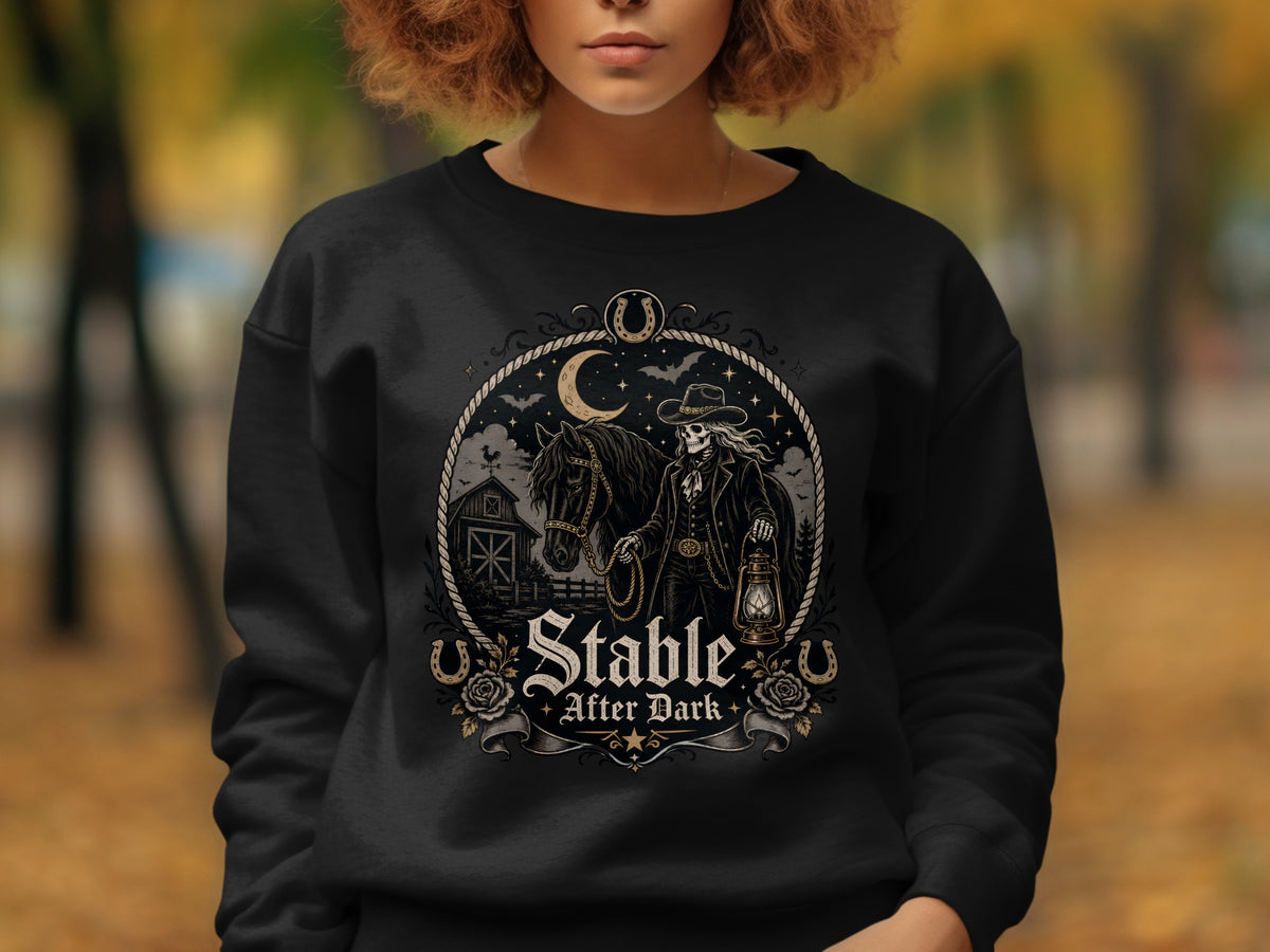 Skeleton cowboy with horse, barn, moon, and text "Stable After Dark".