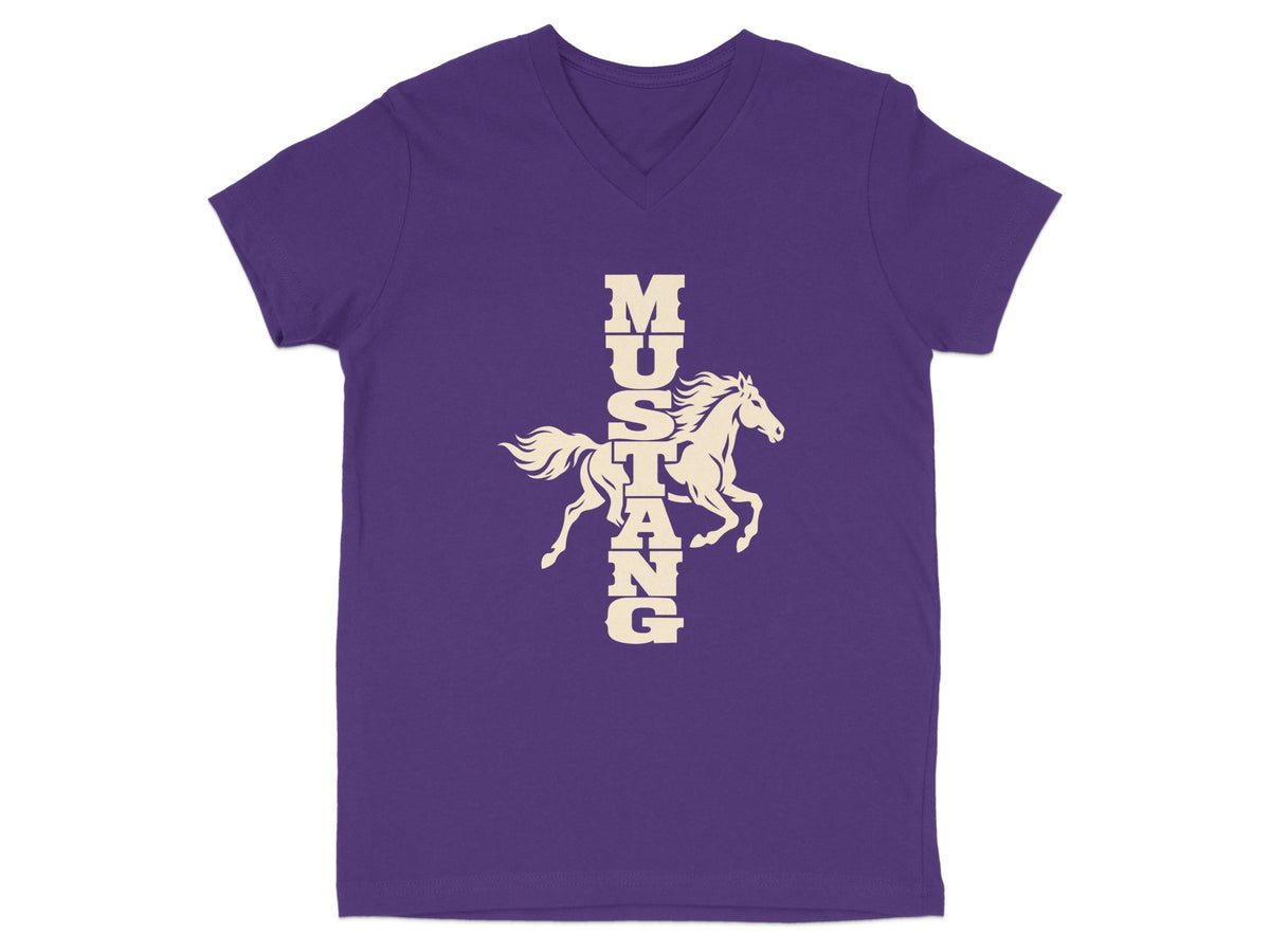 Purple v-neck t-shirt featuring a cream-colored graphic of a running horse and vertical text spelling Mustang.