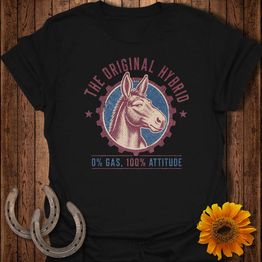 Black t-shirt with "The Original Hybrid" and donkey head graphic.