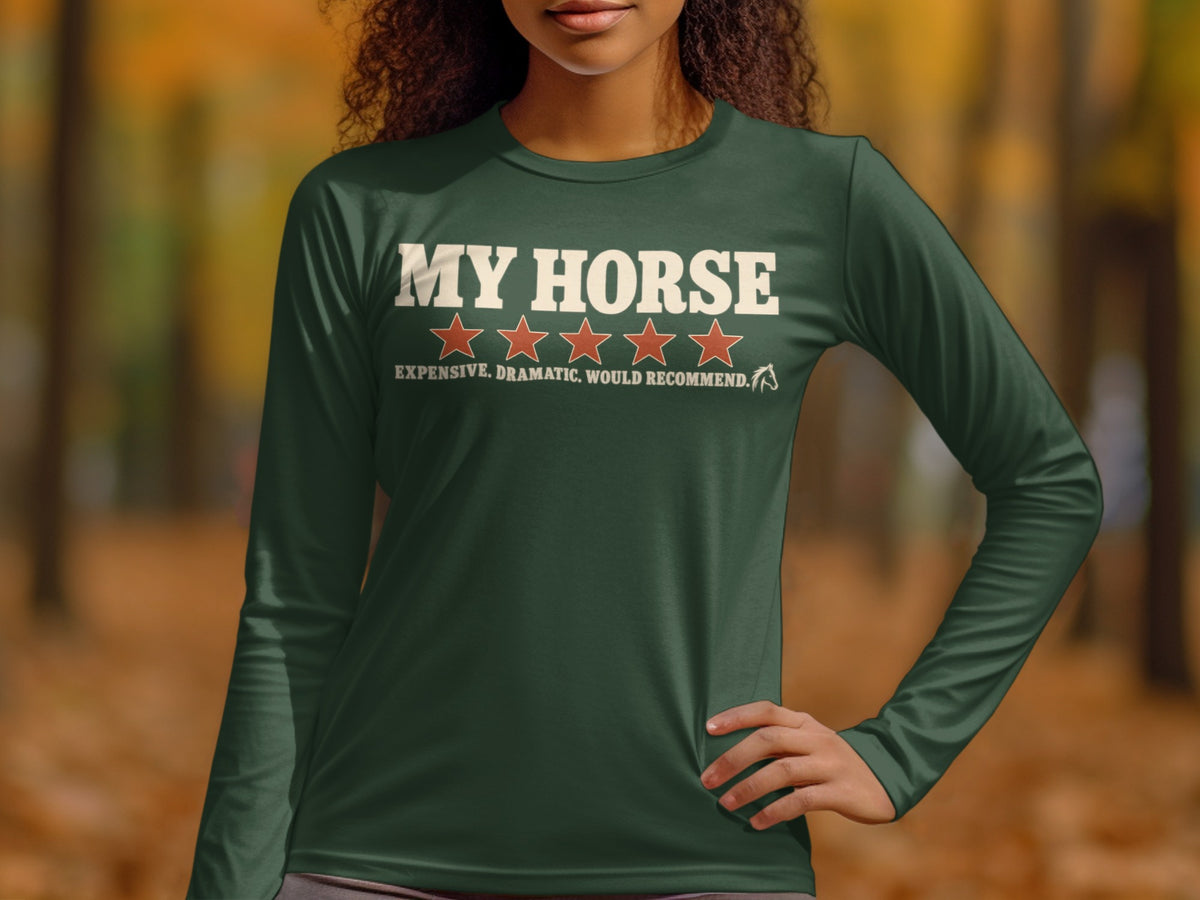 Dark green long-sleeve shirt with "MY HORSE" and five red stars.