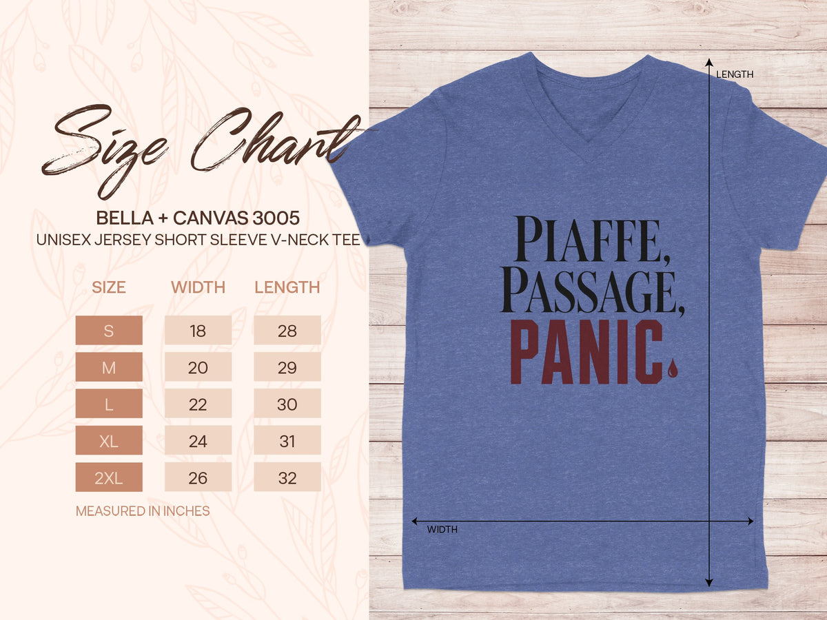 Bella+Canvas 3005 unisex v-neck tee size chart with "Piaffe, Passage, Panic" text.