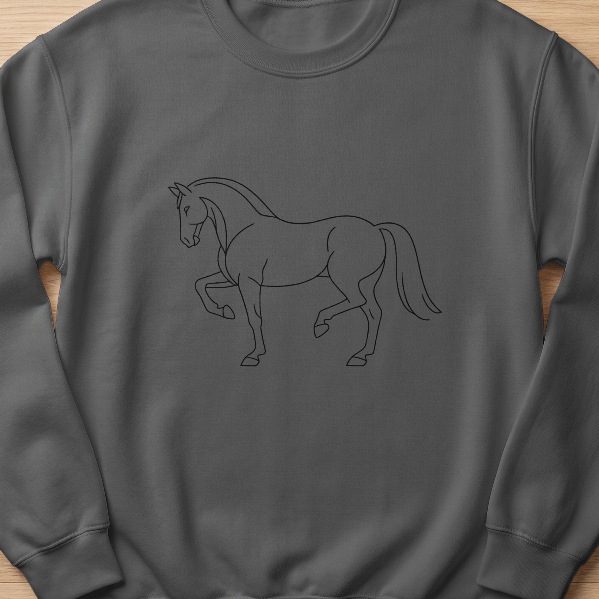 Dark grey sweatshirt with a thin black line drawing of a horse.