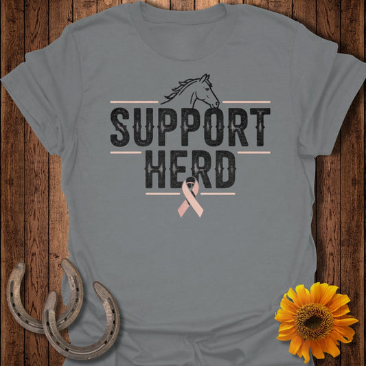 Grey t-shirt with "Support Herd" text, horse outline, and pink ribbon.