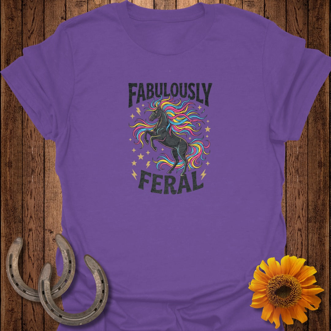 Purple t-shirt with a black unicorn and colorful mane, text "FABULOUSLY FERAL".