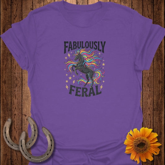 Purple t-shirt with a black unicorn and colorful mane, text "FABULOUSLY FERAL".