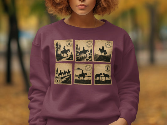 Maroon sweatshirt with six vintage stamp graphics of horses and riders.
