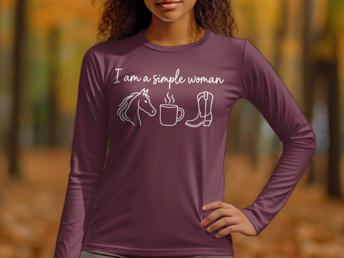 Maroon long-sleeve shirt with white text and line art of a horse, coffee, and cowboy boot.