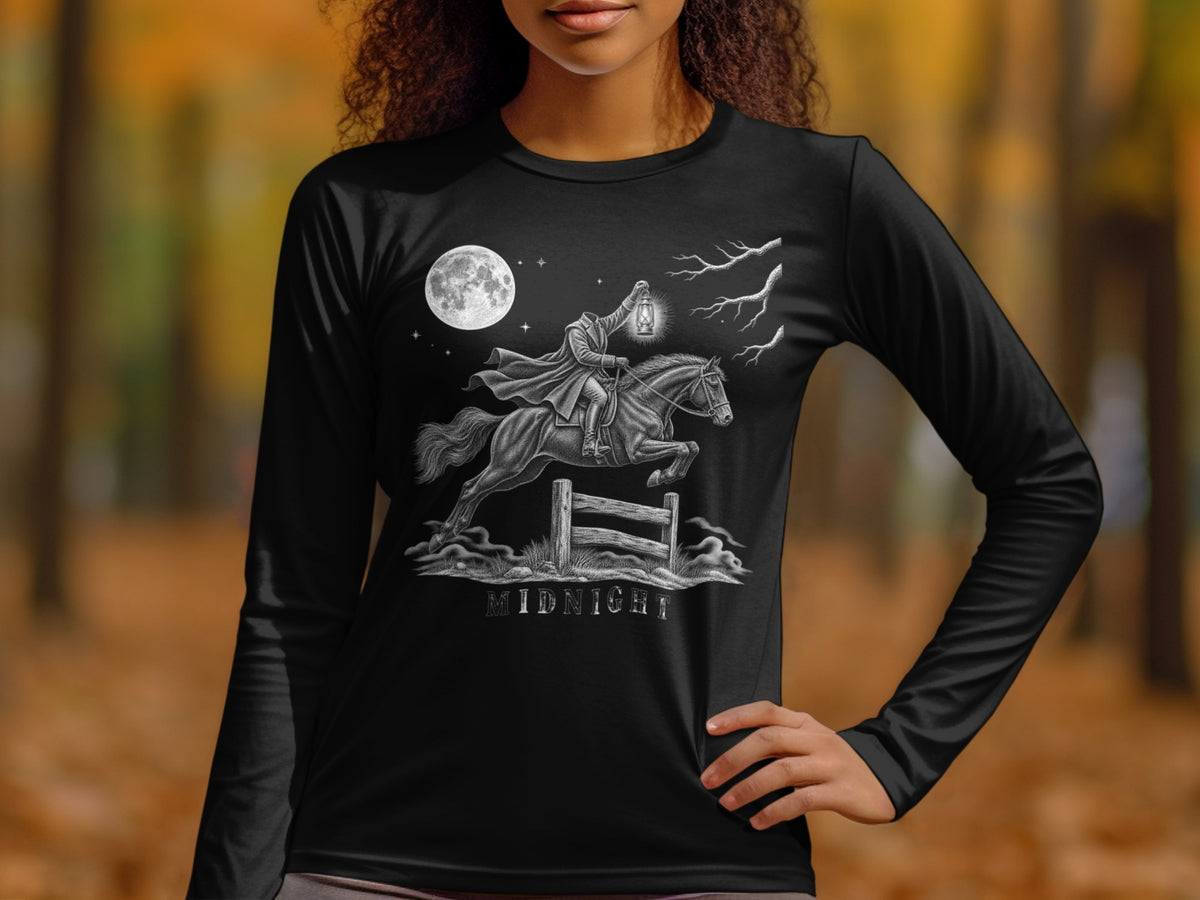Black long-sleeve shirt with headless horseman, lantern, moon, and "MIDNIGHT" text.