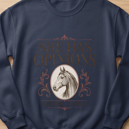 Navy sweatshirt with "SHE HAS OPINIONS and they are final" and a horse head graphic.