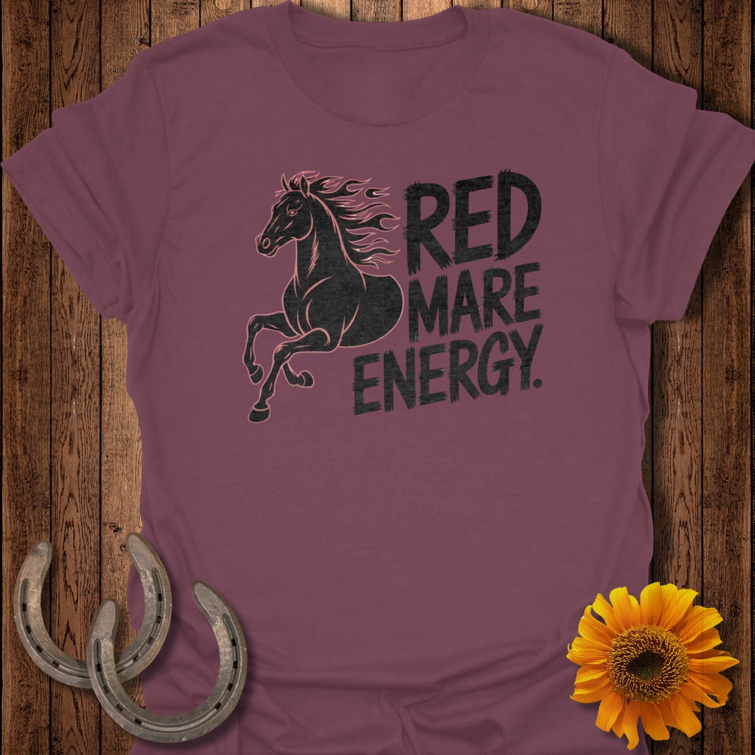 Maroon t-shirt with "RED MARE ENERGY" and a running horse graphic.