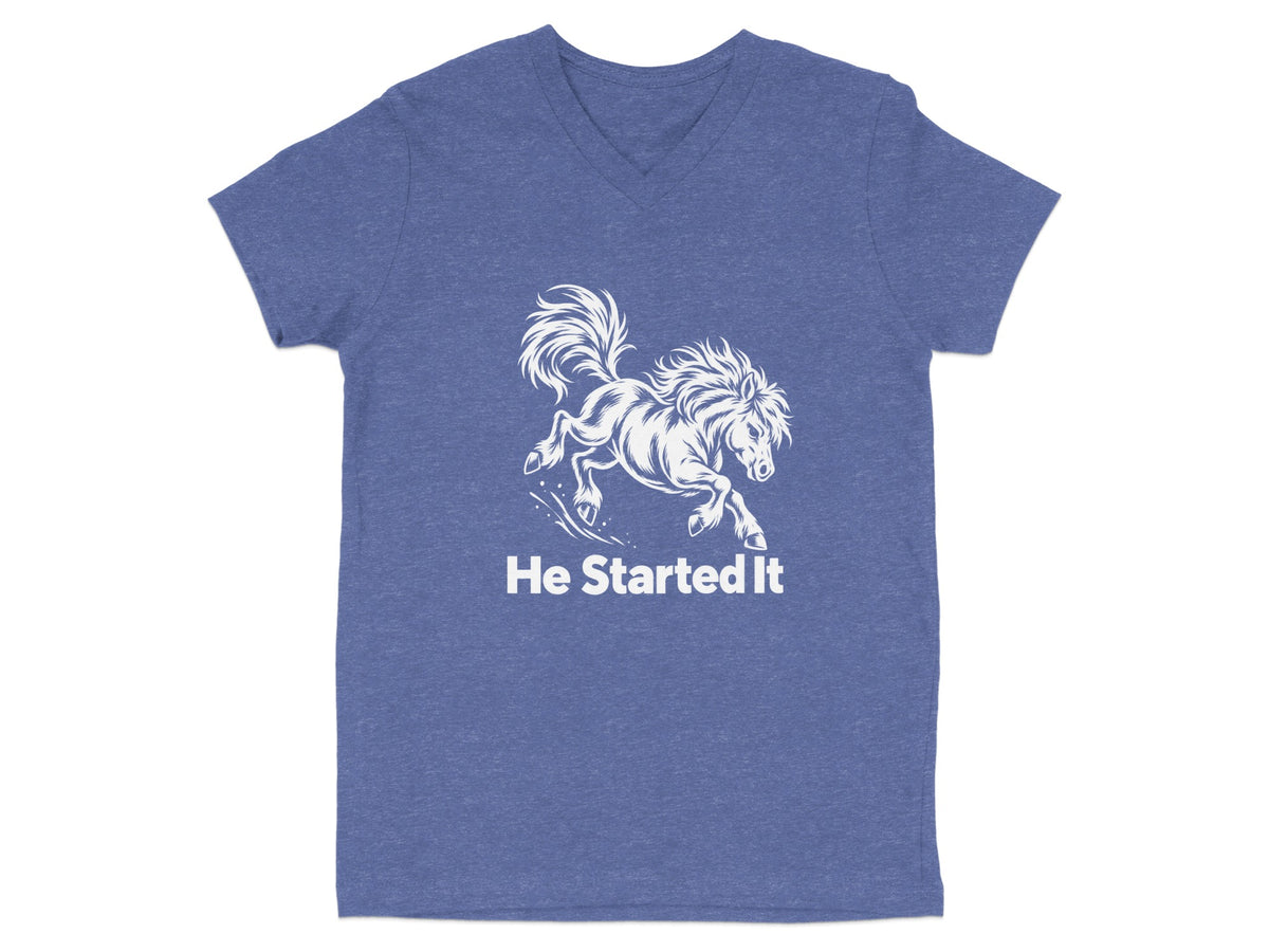 Blue heather V-neck t-shirt featuring a white graphic of a bucking horse and the text He Started It.
