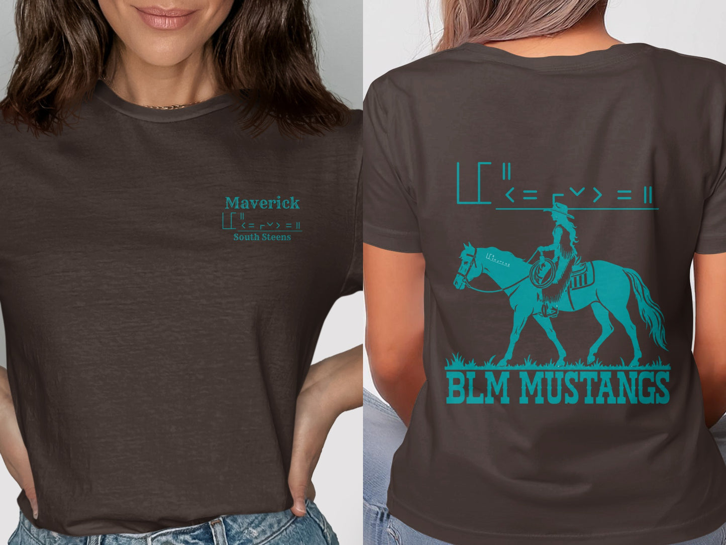 Dark grey t-shirt with Maverick text and horse graphic with "BLM MUSTANGS" text.