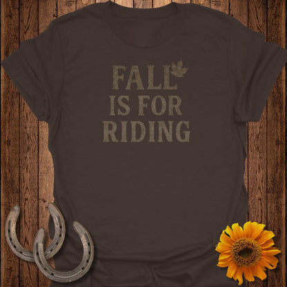 Brown t-shirt with "FALL IS FOR RIDING" text and a maple leaf.
