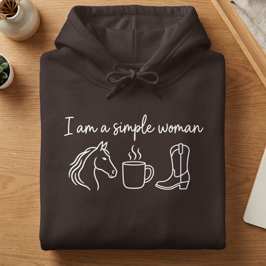 Dark brown hoodie with "I am a simple woman" text and horse, coffee, and boot graphics.