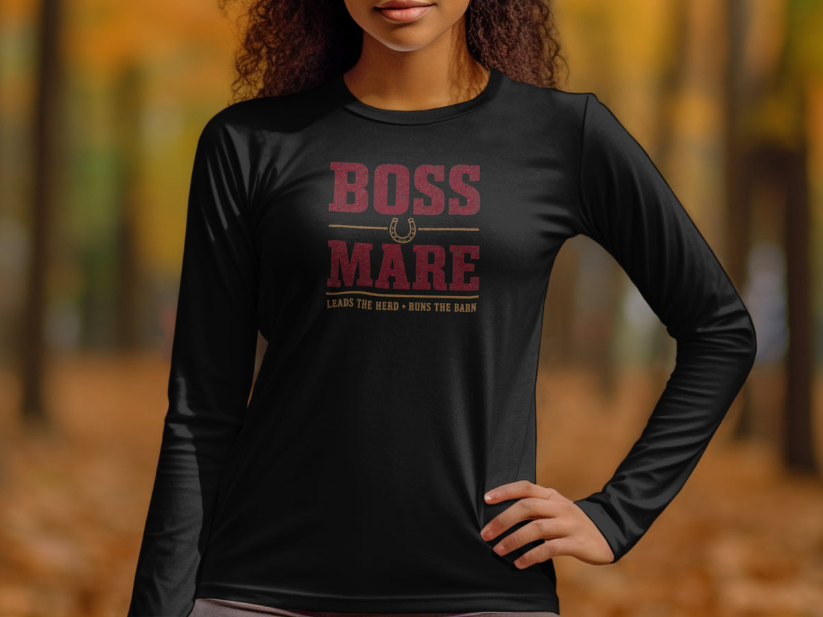 Black long-sleeve shirt with "BOSS MARE" and horseshoe graphic.