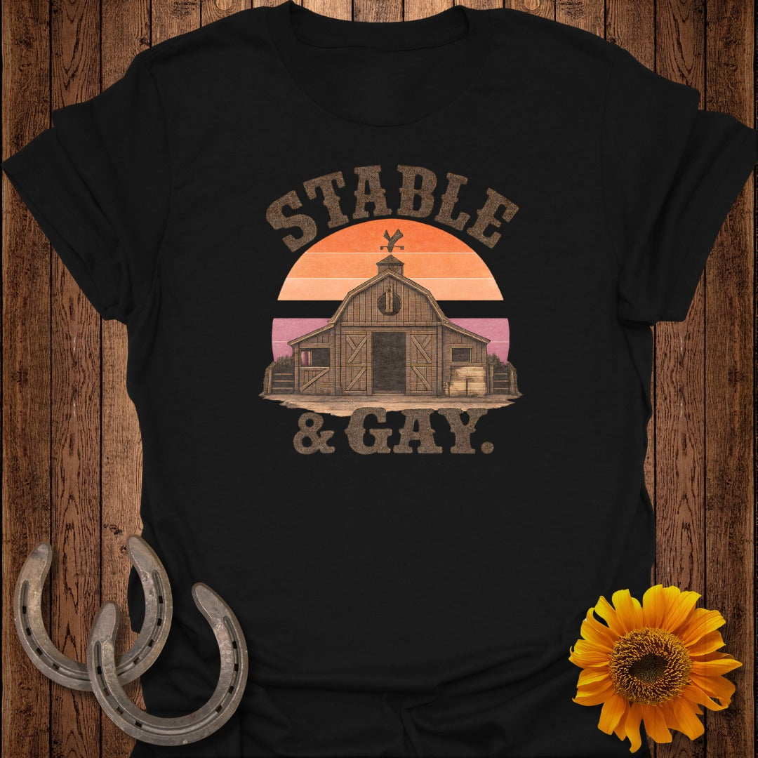 Barn with "Stable & Gay" text and sunset graphic.