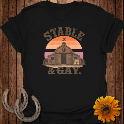 Barn with "Stable & Gay" text and sunset graphic.