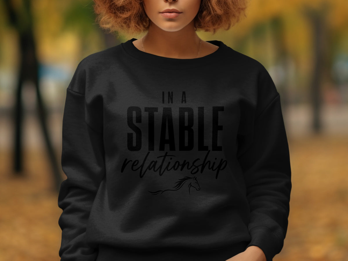 Black sweatshirt with "IN A STABLE relationship" text and horse silhouette.