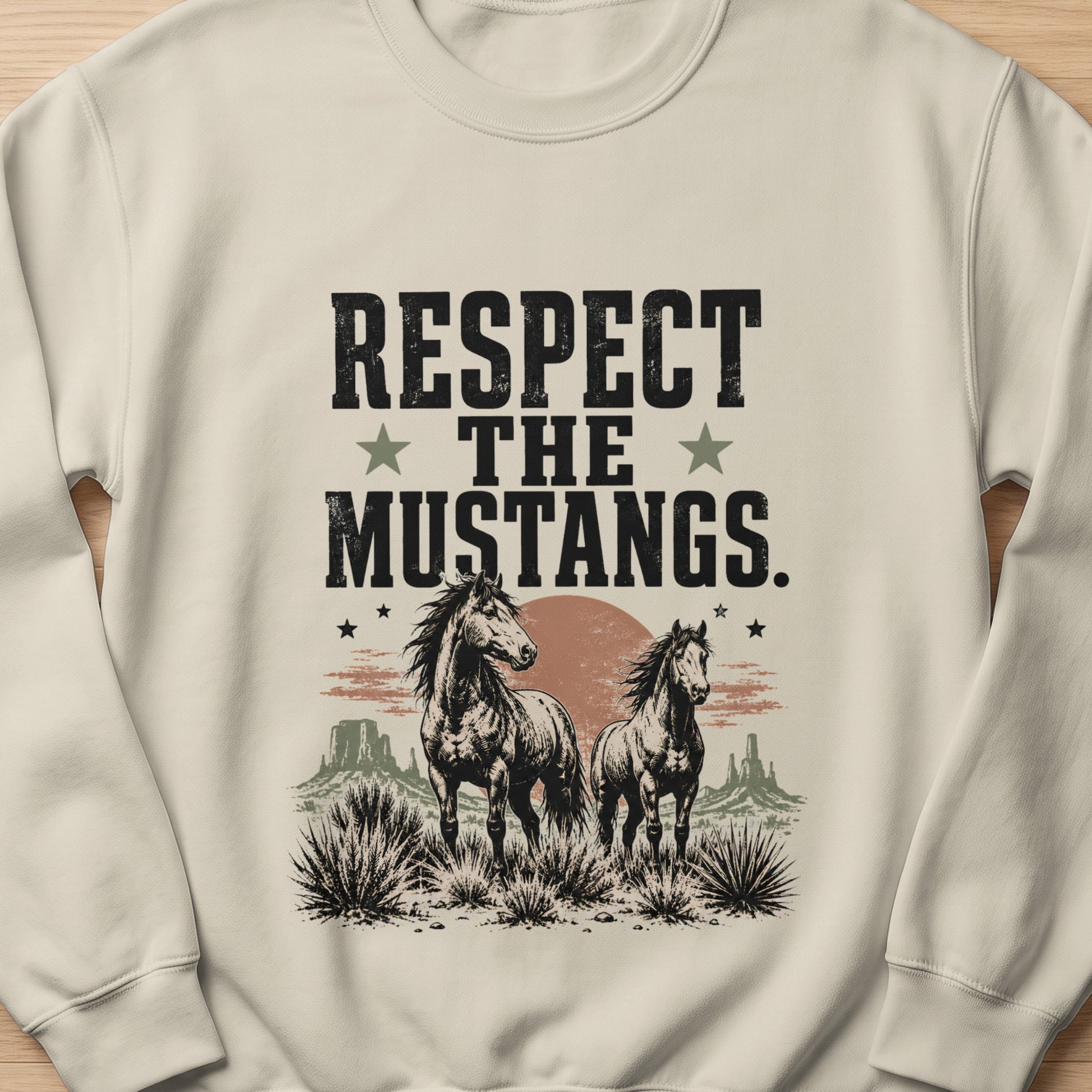 Respect the Mustangs text above two horses in a desert landscape.