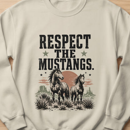 Respect the Mustangs text above two horses in a desert landscape.