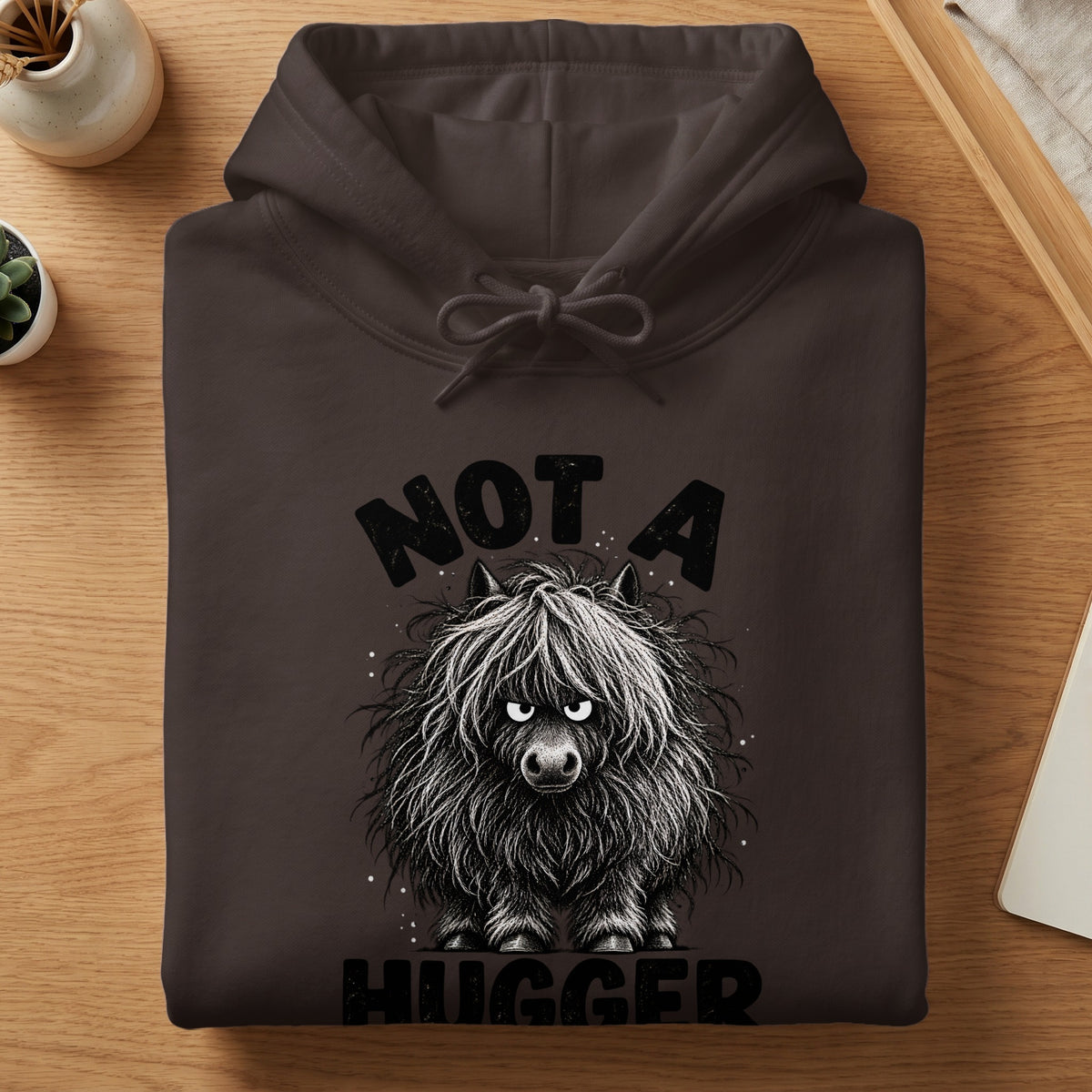 A neatly folded dark brown hoodie with a graphic of a shaggy, grumpy cow and text reading NOT A HUGGER.